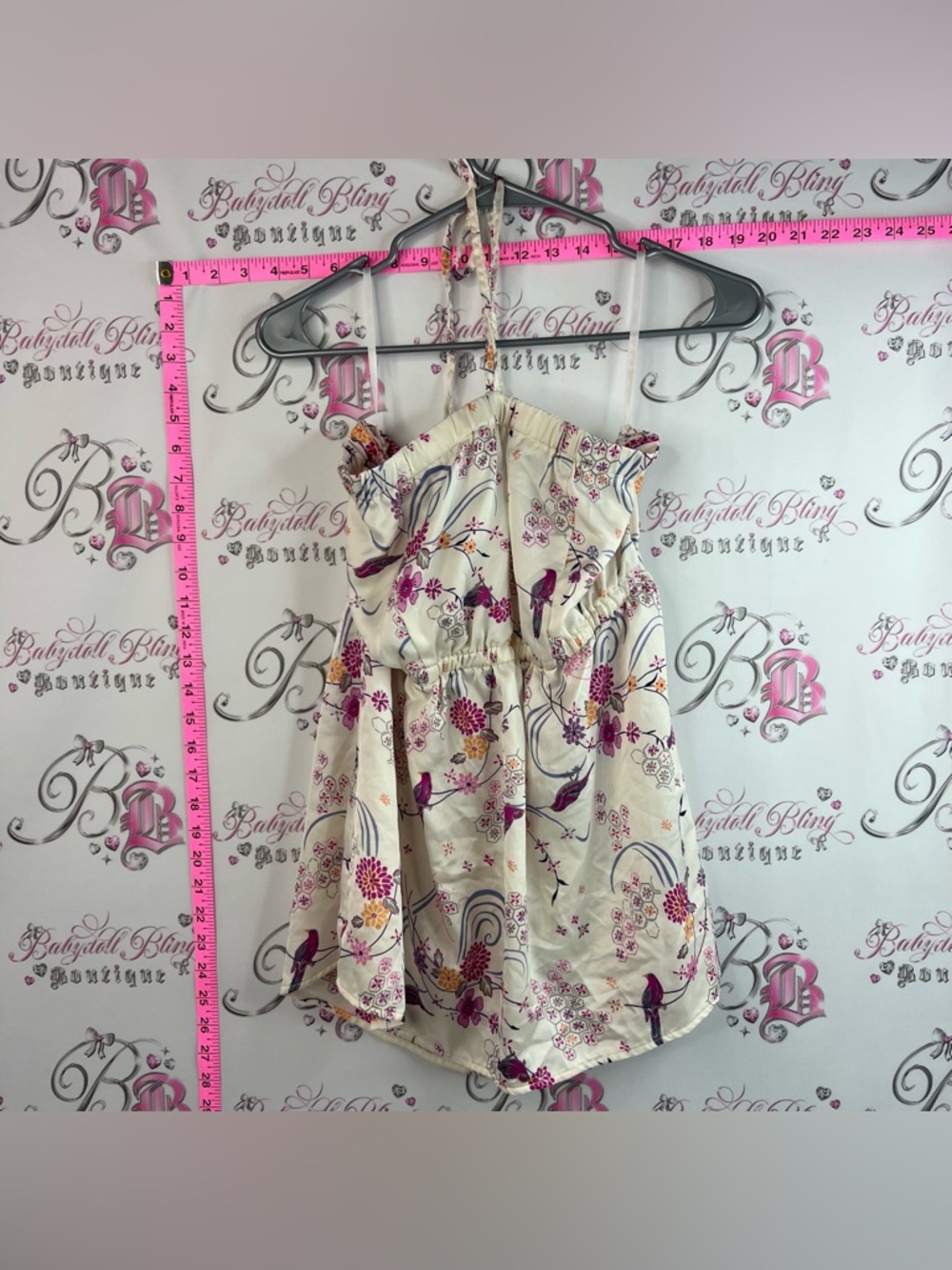 torrid halter tank top y2k Cream Sundress with Pink & Purple Floral Bird Print
